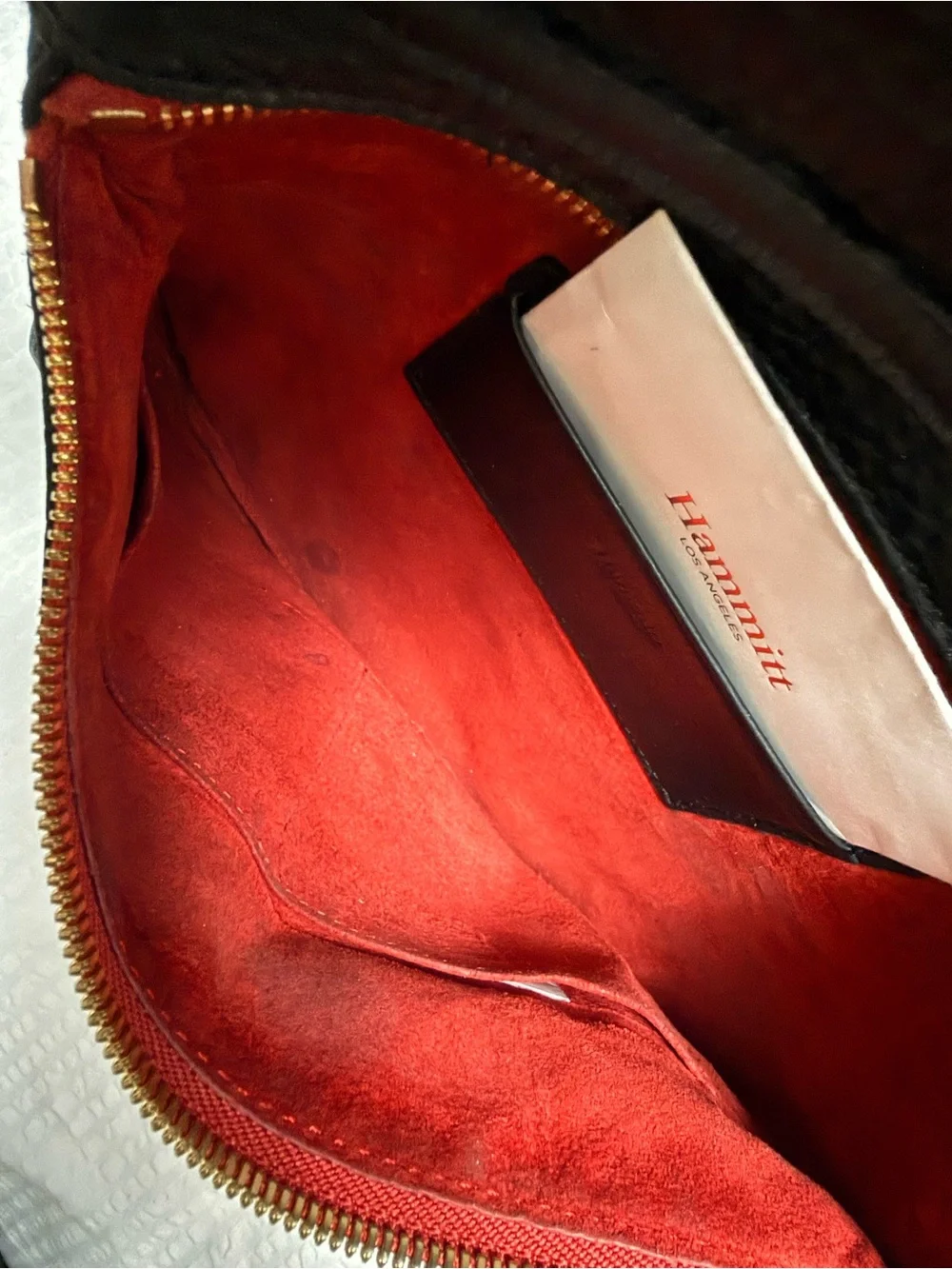 Hammitt Black Leather Crossbody with Gold Hardware and Red Zip Accent